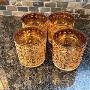 MCM Set of 4 Old Fashion Rocks Glasses Basket/Ratan Design